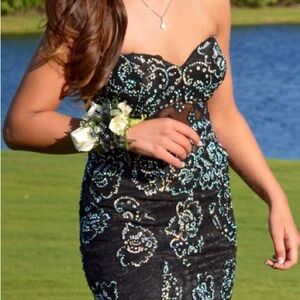 JVN by Jovani Strapless Black and Blue Embellished Dress